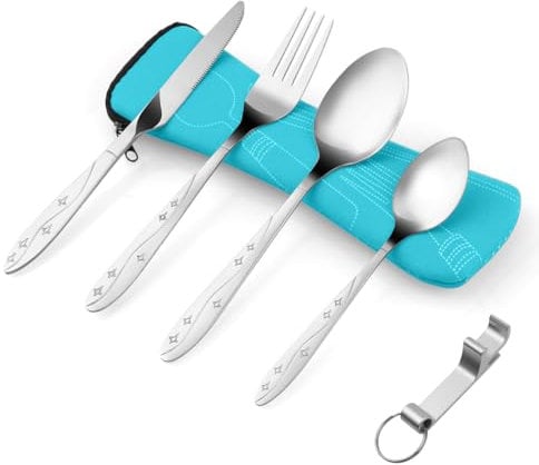 Vicloon Ensemble de Couverts, 5 pièces de couverts en Acier Inoxydable, Ensemble de Couverts Transportables, Couverts en Acier Inoxydable avec Idéal pour les Voyages et le Camping(Bleu clair-étoile)