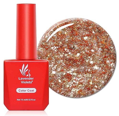 Lavender Violets 15ml Gel Nail Polish Stars Shine Heavy Fragrance Irregularly Golden Sequin Versatile Women UV LED Soak Off Nail Lamp Curing Manicure Pedicure Larger Content Salon Quality A0642