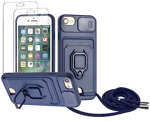 Zallagre Cordon de Coque Compatible avec iPhone 6/6S/7/8/SE 2020,[2 Pièces] Verre Trempé,Lentille Coulissante Couverture,360 Degrés Bague Rotatif Support,Fentes pour Cartes-Bleu Marine