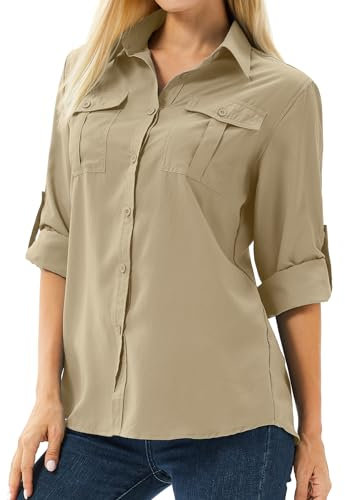 Asfixiado Damen Hemd UPF 50+ UV Schutz Langarmshirt Damen Outdoor Wanderbluse Safari Kleidung Damen Atmungsaktiv Outdoor Cool Quick Dry Sport Oberteile(5070 Khaki L)