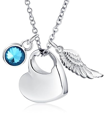 KnSam Edelstahl Urne Anhänger Halskette mit Geburtsstein Kristallanhänger Engel Flügel Asche Anhänger Herz Memorial Kette Silber