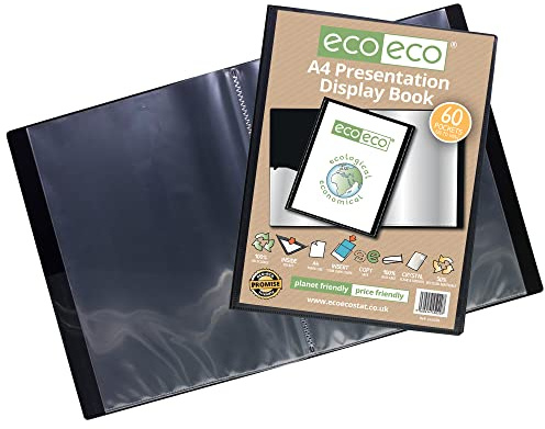 eco-eco A4 Size 50% Recycled 60 Pocket Black Presentation Display Book, Storage Case Portfolio Art Folder with Plastic Sleeves (Pack of 2)