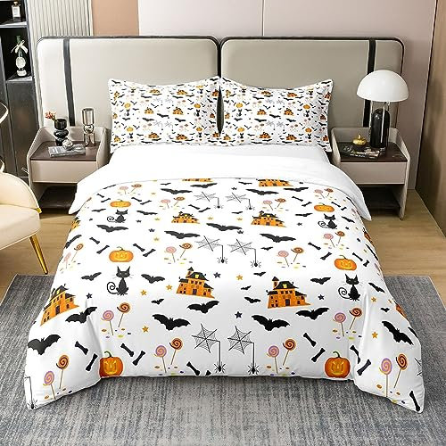 Halloween Kürbis 100% Baumwolle Bettbezug 155x220,Teens Schwarze Katze Skelett Knochen Bettwäsche,Fledermaus Spinnennetz Schloss Stern Tröster Abdeckung,Weihnachten Candy Cane Quilt Cover,Weiß Orange