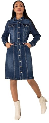 Nina Carter S538 Dam jeansklänning med knappar, långärmad denimklänning, stretch, knälång blusklänning, använd look, Mörkblå (S538), S