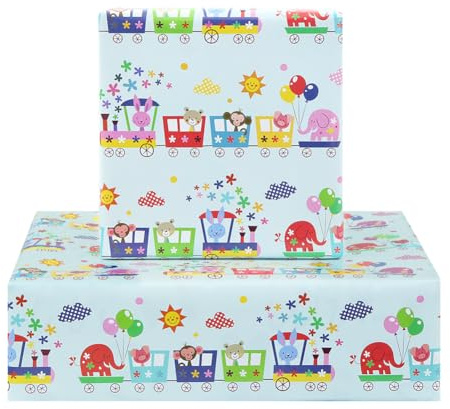 Geburtstags-Geschenkpapier für Kinder, Mädchen und Jungen, Geschenkpapier mit Cartoon-Tierzug-Design für Geburtstag oder Babyparty, 4 flach gefaltete Blätter, 50 x 70 cm pro Blatt