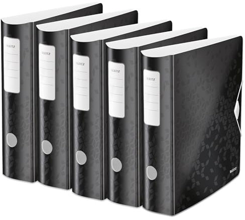 Leitz Qualitäts-Ordner 180° Active WOW, 5er Pack, A4, Breit, Abgerundeter Rücken, 8,2 cm breit, Gummibandverschluss, Leichtes Polyfoam, Plastik-Ordner, WOW Serie, Schwarz, 11060095