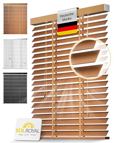Sol Royal Holzjalousie 50 mm Lamellen extra breit Massivholz Echtholz Rollo | 75x250cm Eichenoptik Fensterjalousie Holzrollo einfache Montage Wand Decke Blickschutz Jalousie Fenster Tür innen BE5