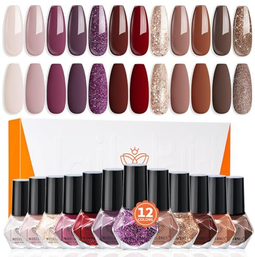 Modelones 12 Color Nail Polish Set - Dark Red, Neutral Brown, Gold Glitter - DIY Nail Art, Salon Home Manicure