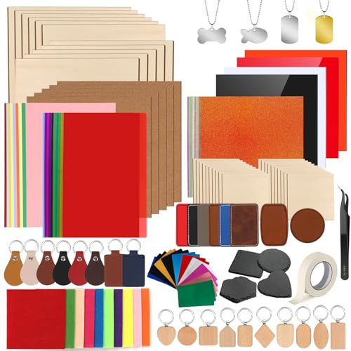 Adrattnay Lasermaterial-Erkundungs-Set, 170-teiliges Lasergravurzubehör zum Basteln, 17 Arten von Rohlingen, einschließlich Lindenholz, Birke, Acryl, Leder, Metall für Graviermaschine