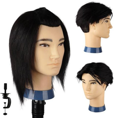 DaizySight Mann Frisierkopf 100% Echthaar, Frisurenkopf Männlicher Haarschnitt Übungskopf mit Haar, Friseur Kopf Mannequin Head Puppenkopf mit Tischklemme (Schwarz, 35 cm)