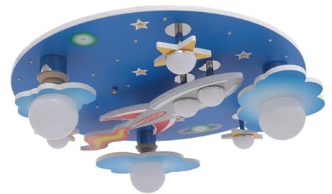 HPDTZ Deckenleuchte, Deckenlampe für Kinderzimmer, LED mit Fernbedienung, Modernes Design, Raketen und Sterne, 60cm, Holz, 35W