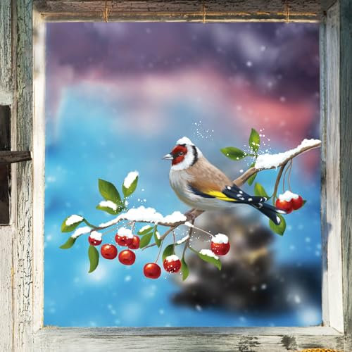 Wandtattoo Loft Fensterbilder Weihnachten mit Stieglitz auf Zweig – Wiederverwendbar – A4 Bogen – Weihnachstdeko Fenster Kinderzimmer, Weihnachtsbilder Fenster, Fensterbild Winter