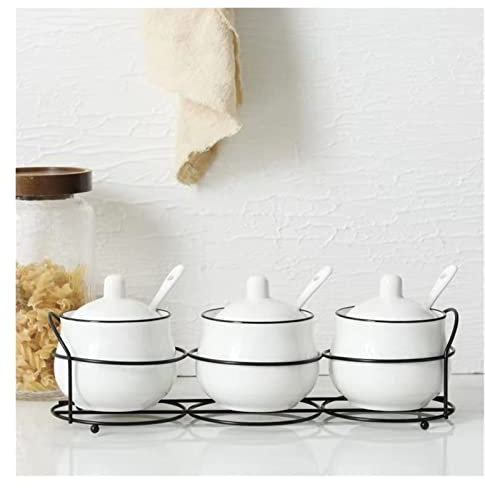 MYVVKIA Gewürzglas aus Keramik, Salz- und Pfefferbehälter-Set, Menage, Gewürzglas mit Eisenhalter, Löffel, Gewürz-, Zucker- und Gewürzaufbewahrungsbox, Kochutensiliengläser