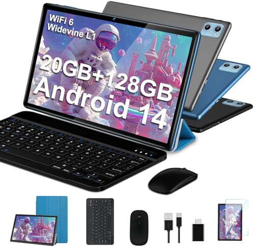 2024 Nouvelle Tablette 10 Pouces Android 14 avec 20Go RAM + 128Go ROM (1To TF Extensible), 5G WiFi, 8Cœurs,WiFi 6, GMS Certified Widevine L1, Tablette Tactile avec Etui| Clavier| Souris -Bleu