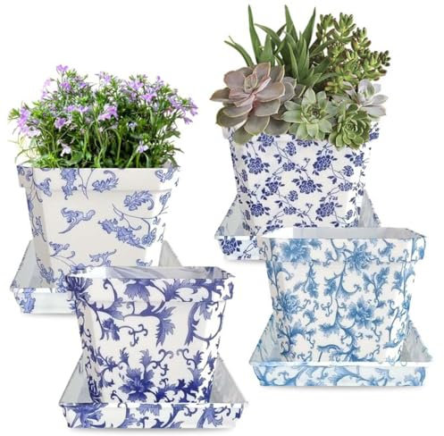 BSTMOME Set of 4 Decorative Plant Pots Blue and White Flower Pot, Square PP Planters for Indoor Plants Pots with Drainage Hole Saucers, Retro Planter Pot for Succulents Cactus Outdoor Garden, 10CM