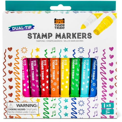 Tiger Tribe Dual Tip Stamp Markers - 8 pcs Double Sided Marker Pens | With Stamps, Kids Colouring Sets, Crafting & Stationery Kits, Children’s Gifts, Age 3 Years +
