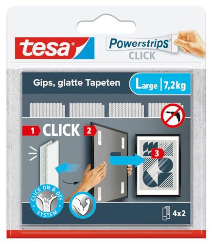 tesa Powerstrips CLICK - Ganci Adesivi per Appendere Cornici e Decorazioni da Parete Senza Forature - Strisce Autoadesive con Sistema di Aggancio e Sgancio ON e OFF - Large - 4 x 2 pezzi