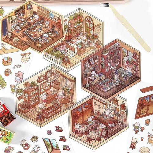 3D Sticker Scene 5 Sets DIY 3D Landscaping Stickers + 1 Tweezers, DIY Ihre eigene Supermarkt, Cafe, Restaurant, Buchladen