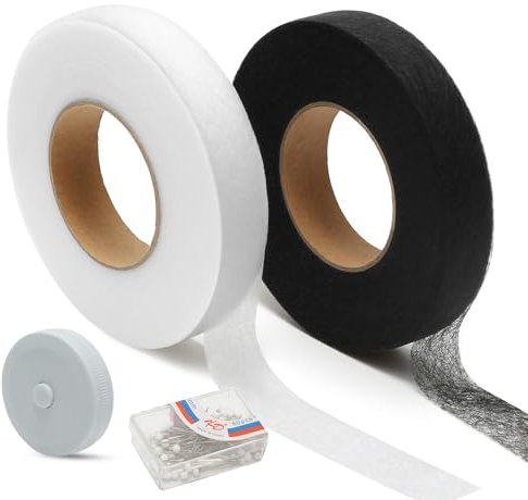 2 Farben Saumband zum Aufbügeln 20mm, 70m Waschfestes Bügelband Nahtband mit Maßband und Stecknadeln für Vorhänge, Hosen, Kleidung, Jeans, Schwarz und Weiß
