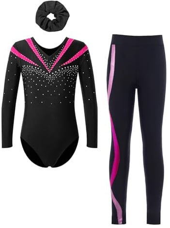 Fldy Kinder Mädchen Gymnastikanzug Langarm Mit Hose Lang Glitzer Turn Trikot Leggings Haargummi/Top 3er Tanzkleidung Set Hotpink&Haargummi 134-140