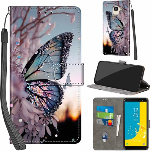 Handyhülle für Samsung GalaxyJ6 2018 Klapphülle Leder Wallet Schmetterling | 3 Kartenfächer & 1 Geldfach, Magnetverschluss, Ständerfunktion, robuste premium PU leder klapphülle für Samsung J6 2018