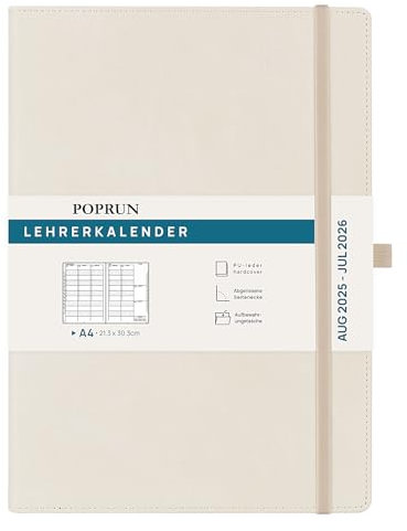 POPRUN Lehrerkalender 2025 2026 DIN A4 - Lehrerplaner 25/26 für die Unterrichtsvorbereitung mit Monatliches Register. Schulplaner mit PU-Leder Hardcover für Lehrerinnen und Lehrer - Beige