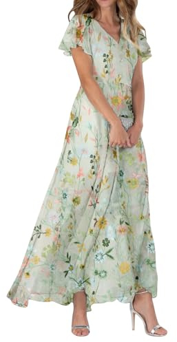 Sommerkleid Damen Lang Chiffon Geblümt Maxikleid Elegant Italienische Kleider Maxi A Linie Sommerkleider Leicht Und Luftig Chiffonkleid Frauen Sommer Blumen V Ausschnitt Kleid Flatterärmel