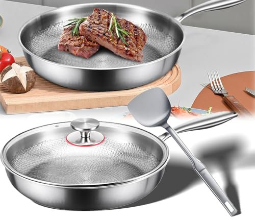 Titan Bratpfanne mit Deckel und Spatel, Titanium Pfanne Pro, Antihaft Gehämmerter Wok Titanpfanne, Antihaftbeschichtete Titanpfanne-Nutrition zum Kochen, für Küche und Camping (28CM)