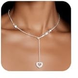 14K Vergoldet Sterling Silber 925 Ketten Y Halskette Lange für Damen Frauen | Y Halskette Lange Ketten Schiebekette Verstellbare Halsketten mit Zirkonia Herz Anhänger Y Halskette Mode Schmuck Ketten Boho