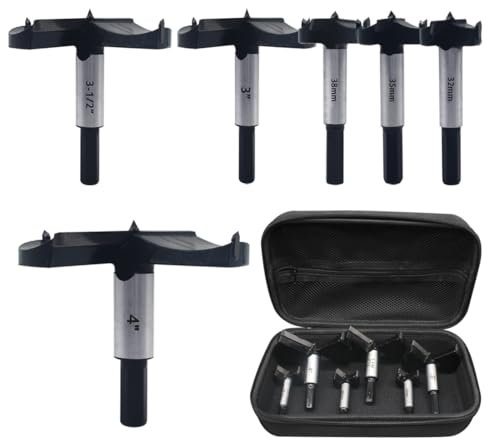 Large Size Forstner Bit Set 6PCS,1-1/4 Inch to 4 Inch Carbide Forstner Drill Bit,Hex Shank Wood Hole Saw Set Woodworking Hinge Cutter Tool Kits for Hard Wood Plastic Plywood with Storage Case