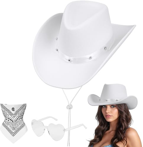 Aomig CowboyHut Damen Herren Fashion Westernhut Cowboyhüte Cowgrilhut-A | Rockstar Randlose Hippie Herzförmige Brille Halstuch Wilder Westen Party Geburtstagsfeier Fasching Karneval Kostüm Party