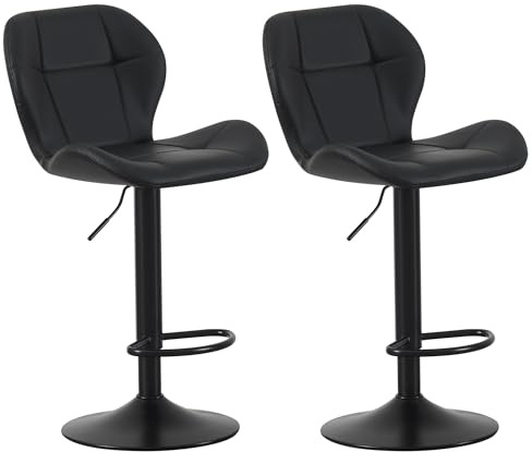 mcc direct Set of 2 Bar Stools, Height Adjustable Swivel Barstools, Counter Stools with Backrest, Faux Leather Seat, Footrest and Metal Base for Home, Kitchen and Restaurant (Black) - Stella