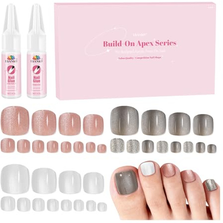 EBANKU Lot de 72 faux ongles d'orteils à presser pour femme - Gris et rose - Couvrance complète - Avec colle à ongles - Pour salon et maison - 12 tailles