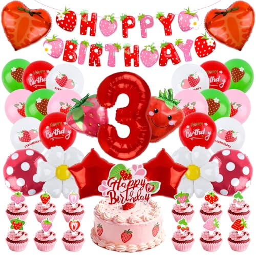 Erdbeer Luftballon Deko 3. Geburtstag Mädchen- 41 Stück Erdbeeren Geburtstagsdeko mit Folienballon Happy Birthday Girlande Tortendeko, Erdbeere Luftballons Geburtstag 3 Jahr Mädchen Deko Motto Party