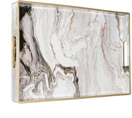 Heaven4you White Marble Serving Tray 40x26cm Gold Trim Handles Ottoman | 40x26cm white marble effect with gold trim, raised rim, cut-out handles. Wipe-clean. Ottoman, bed, vanity, coffee table