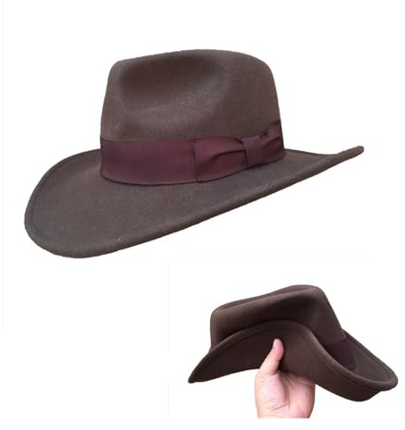 EXKURPOO cowboyhut Brauner knautschbarer Cowboy-Fedora-Hut Indiana Jones Outback-Hut – Einfaches Paket(XXL 61cm-62cm)