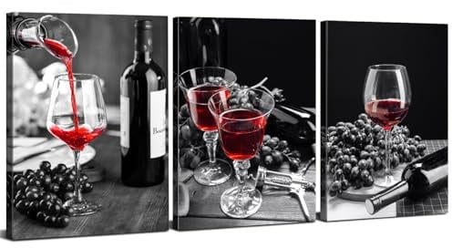 AIYISU Rotwein Wandbild 3 Teilig Leinwandbilder Schwarz Weiß Rot und Schwarz Weinglas Bilder für Küche Esszimmer Bar Moderne Wanddeko mit Weinflasche Trauben Vintage Kelch Poster 30 x 40 cm 3 Stück
