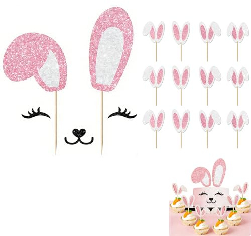 Glitter Hasenohren Tortendeko, Cake Topper mit Wimpern Nase Mund, Einschließlich 12 Stück Hasenohren Cupcake Topper,Ostern Party Deko Kinder Bunny Themenparty Party Kuchen Dekoration Lieferungen