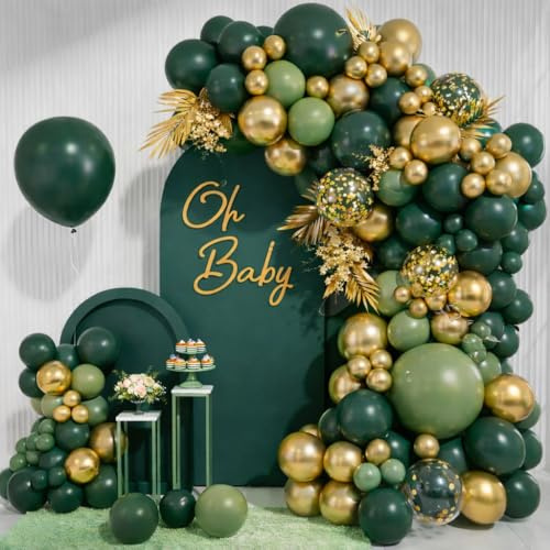 104Pcs Dark Green Gold Balloons Arch Kit,5/10/12/18Inch Dark Green and Gold Balloons Arch Garland Kit with Sage Green Balloon for Emerald Baby Shower,Birthday Party,Jungle Safari Party Decoration