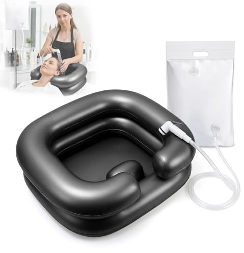 Haarwaschbecken für Bettlägerige, Aufblasbares Haarwaschbecken Mit Duschkopf und Wassersack, Haare waschen im Bett mit 1M Ablaufschlauch, für Schwangere, Verletzte und Behinderte Senioren (Schwarz)