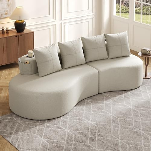 Cloud Couch gebogenes Sofa mit Leinenstoff, Modulares Sofa mit 4 Kissen, Becherhalter & Seitentasche, Boneless Couch mit Hochdichtschaumfüllung und Federstücke, fur Wohnzimmer (Beige, 4-Sitzer)