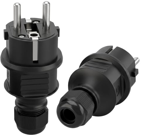 2 Piezas 250V 16A Enchufe Schuko IP44 Clavija Enchufe Macho Reutilizable | para Cable con Protección Antitorsión y Alivio de Tensión Conector para Interior y Exterior Negro