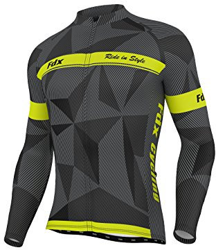 FDX Mens Classic Cycling Jersey Long Sleeve Thermal Cold Wear Racing Jacket (Black/Grey/Yellow, XX-Large)