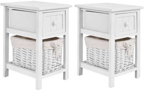 COSTWAY Bedside Table, Solid Wood Nightstand End Sofa Side Table with Drawer and Wicker Basket, Shabby Chic Slim Bedside Cabinet Accent Tea Tables for Living Room Bedroom, 28x31x45cm (2PCS, White)