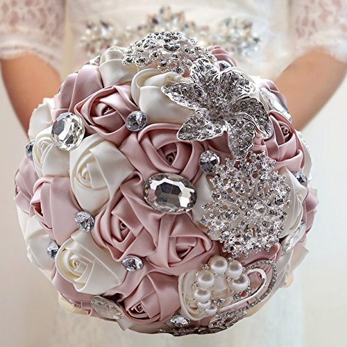 Zinsale Seta Lusso Shinny Fatto a Mano Strass Nuziale Bouquet da Sposa Diamante Tenendo Il Fiore (Oro)