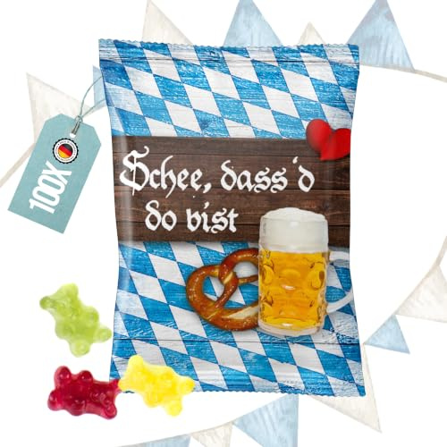 Oktoberfest Gummibärchen, 100er Set: Mini Fruchtgummi-Tüten Bayern, Bayerische Deko, Gastgeschenk, Dekoration Geburtstag, Wiesn, Bierfest, Tischdeko Bayerisch, Oktoberfestdeko, Give-Aways, 9 x 7 cm