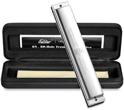Eastar Admiral Mundharmonika mit 24 Löchern, Tonart C Tremolo für Anfänger, Erwachsene, Kinder, Performance-Wettkampf-Mundorgan mit Hartschalenetui und Tuch, Silber