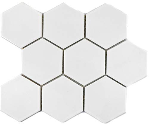 Hexagonale Sechseck Mosaik Fliese Keramik XL weiß glänzend Küchenfliese WC Badfliese Küchenrückwand Wand - MOS11F-0101