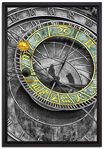 Pixxprint astronomische Uhr in Prag schwarz, weiß Leinwandbild 60x40 cm im Bilderahmen, Wandbild, Schattenfugenrahmen, Kein Poster