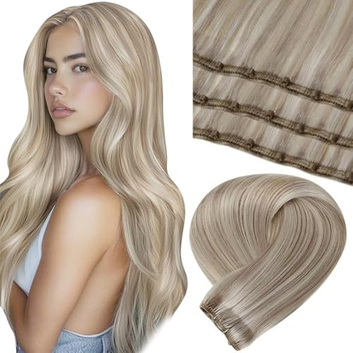LaaVoo Lang Microbeads Extensions Echthaar Blond 55cm Micro Weft Extensions Menschliches Haar Unsichtbar 12Zoll Width EZE Micro Tressen Extensions Glatt #18/613 Aschblond Highlights Gebleichtes Blond
